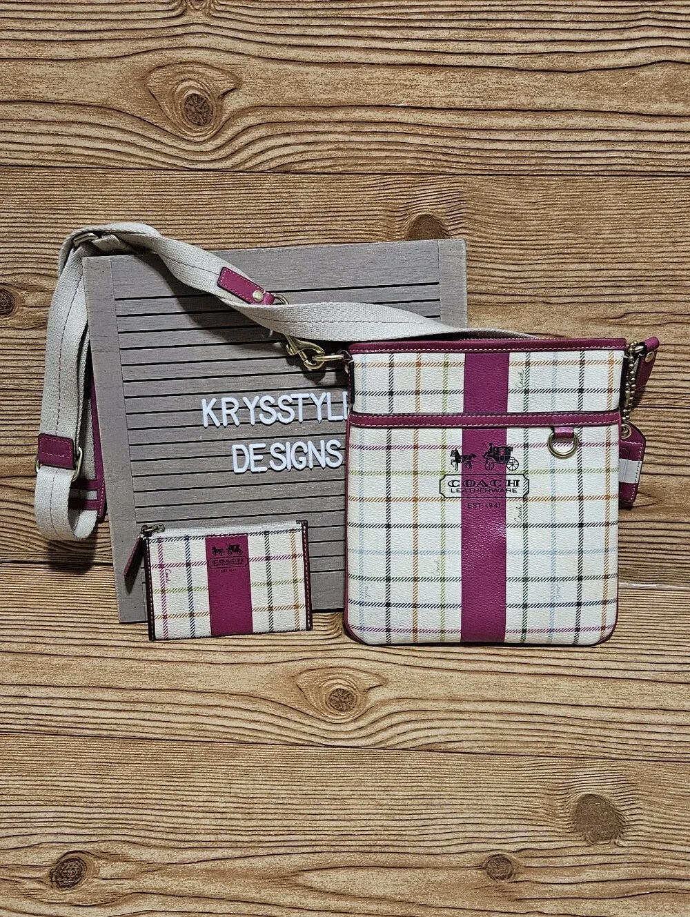 Coach Plaid Crossbody Bag with Pink Stripe and Cream Background